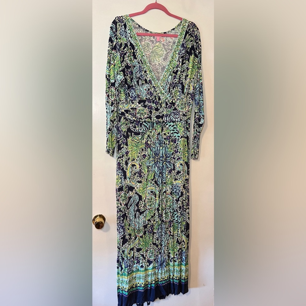 Lilly Pulitzer Navy, Green & Aqua Floral Maxi Dress